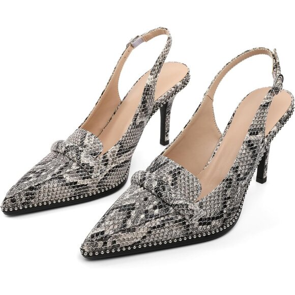 Women Snake Print Stiletto Beaded Pointed Toe Slip On Loafers Slingback Heels - Picture 5 of 7